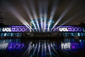 Image of the portico with the words "UCL 200" projected on either side of the building